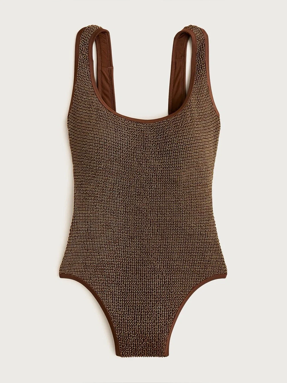 J.Crew Claudia Metallic Scrunchie One-Piece Swimsuit in dark twig brown 14
